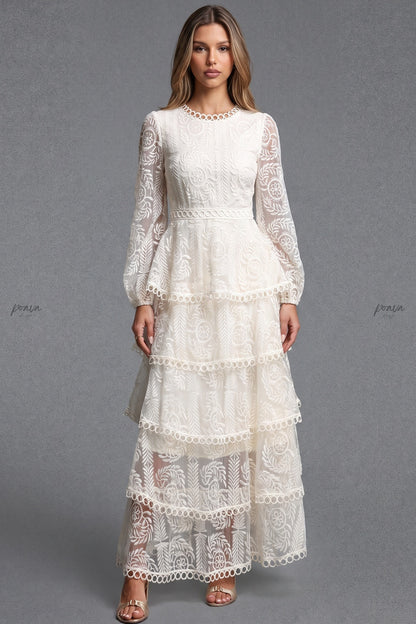 Off-white embroidered lace on mesh base tiered A-line maxi dress off-white embroidered lace on mesh base maxi dress - product view 1