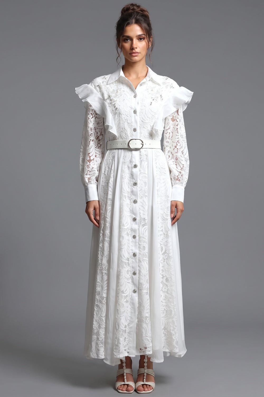 White Floral Lace A-Line Maxi Shirt Dress white floral lace shirt dress - product view 1