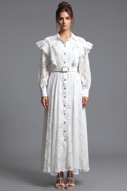 White Floral Lace A-Line Maxi Shirt Dress white floral lace shirt dress - product view 1