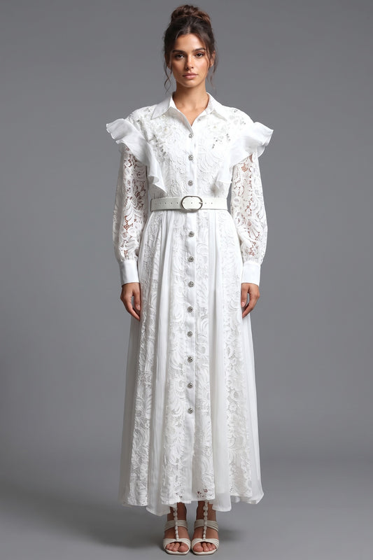 White Floral Lace A-Line Maxi Shirt Dress white floral lace shirt dress - product view 1