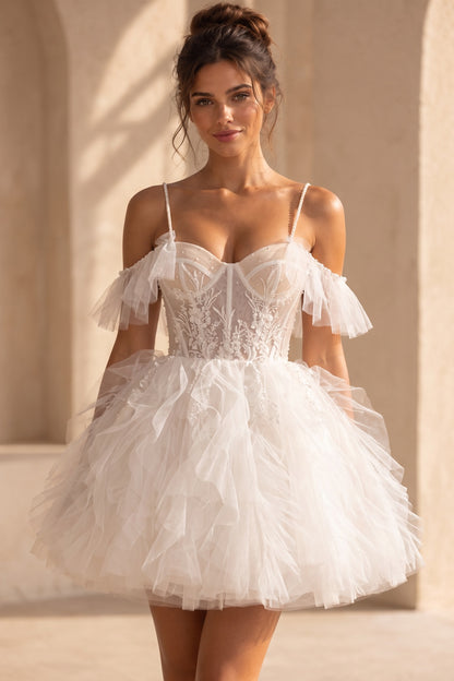 White Tulle Fit-and-Flare Mini Dress with Floral Lace Appliqué white tulle dress - product view 1