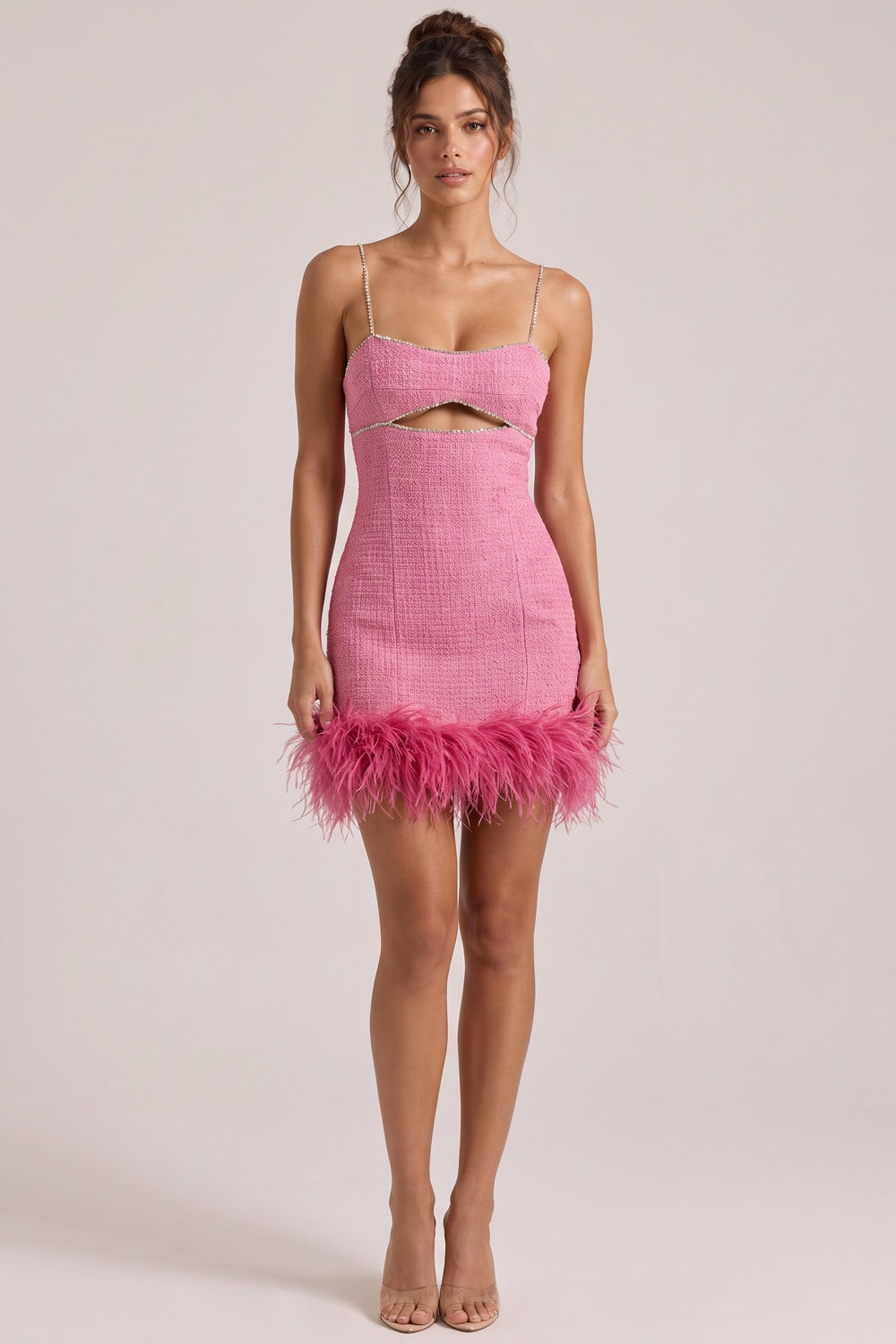 Pink Tweed Sheath Mini Dress with Rhinestone Cutout and Feather Trim pink tweed mini dress - product view 1