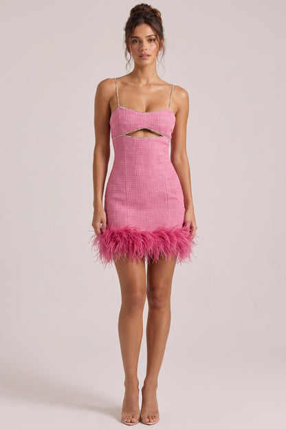 Pink Tweed Sheath Mini Dress with Rhinestone Cutout and Feather Trim pink tweed mini dress - product view 1