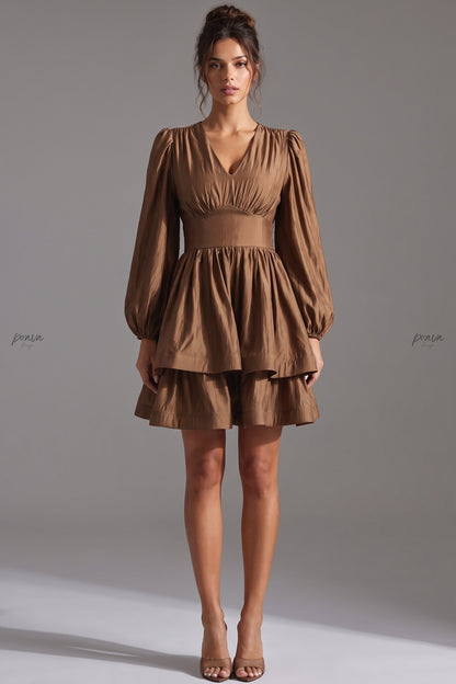 Bronze Brown Taffeta Fit-and-Flare Mini Dress bronze brown taffeta dress - product view 1