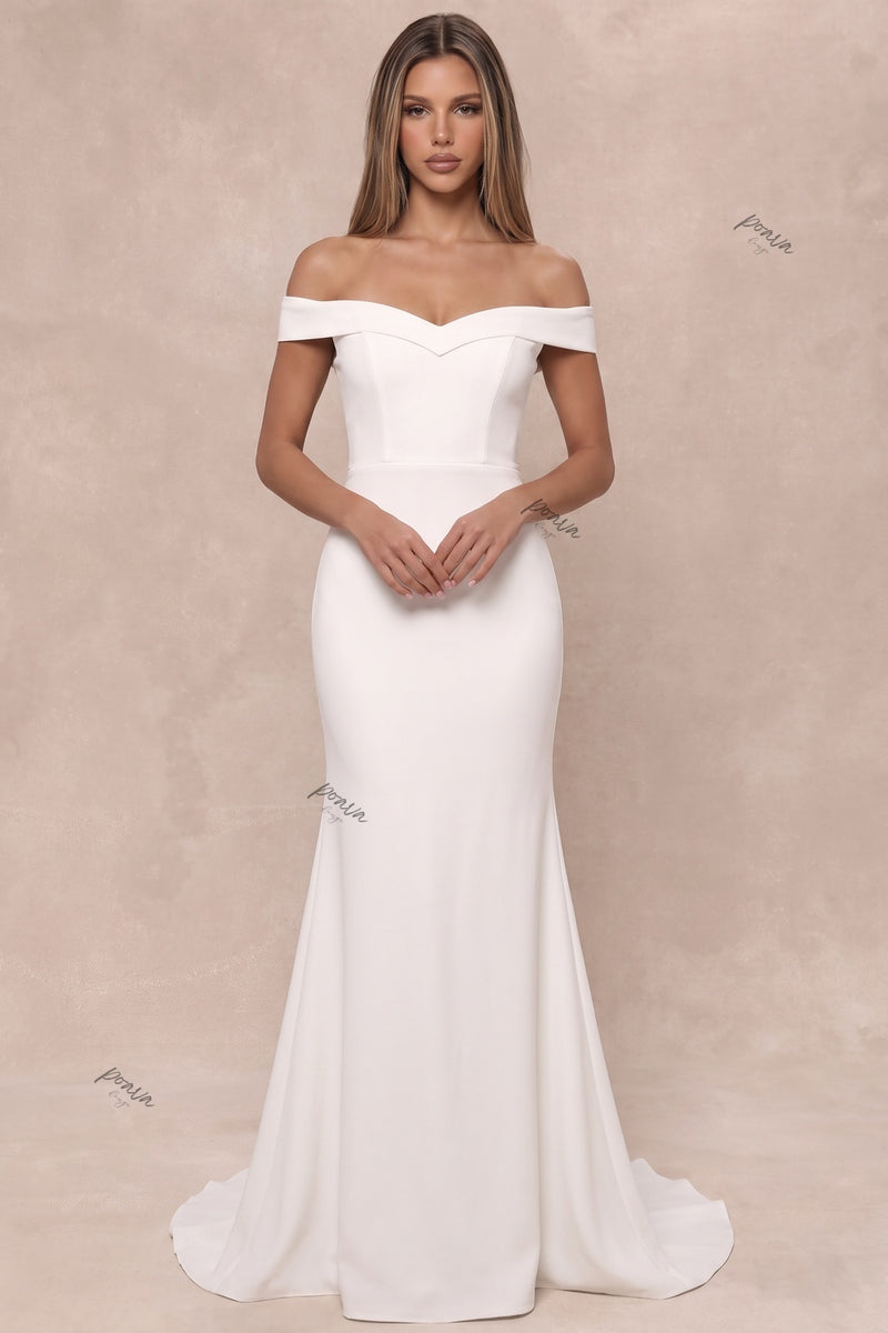 White Crepe Mermaid Gown with Off-the-Shoulder Neckline