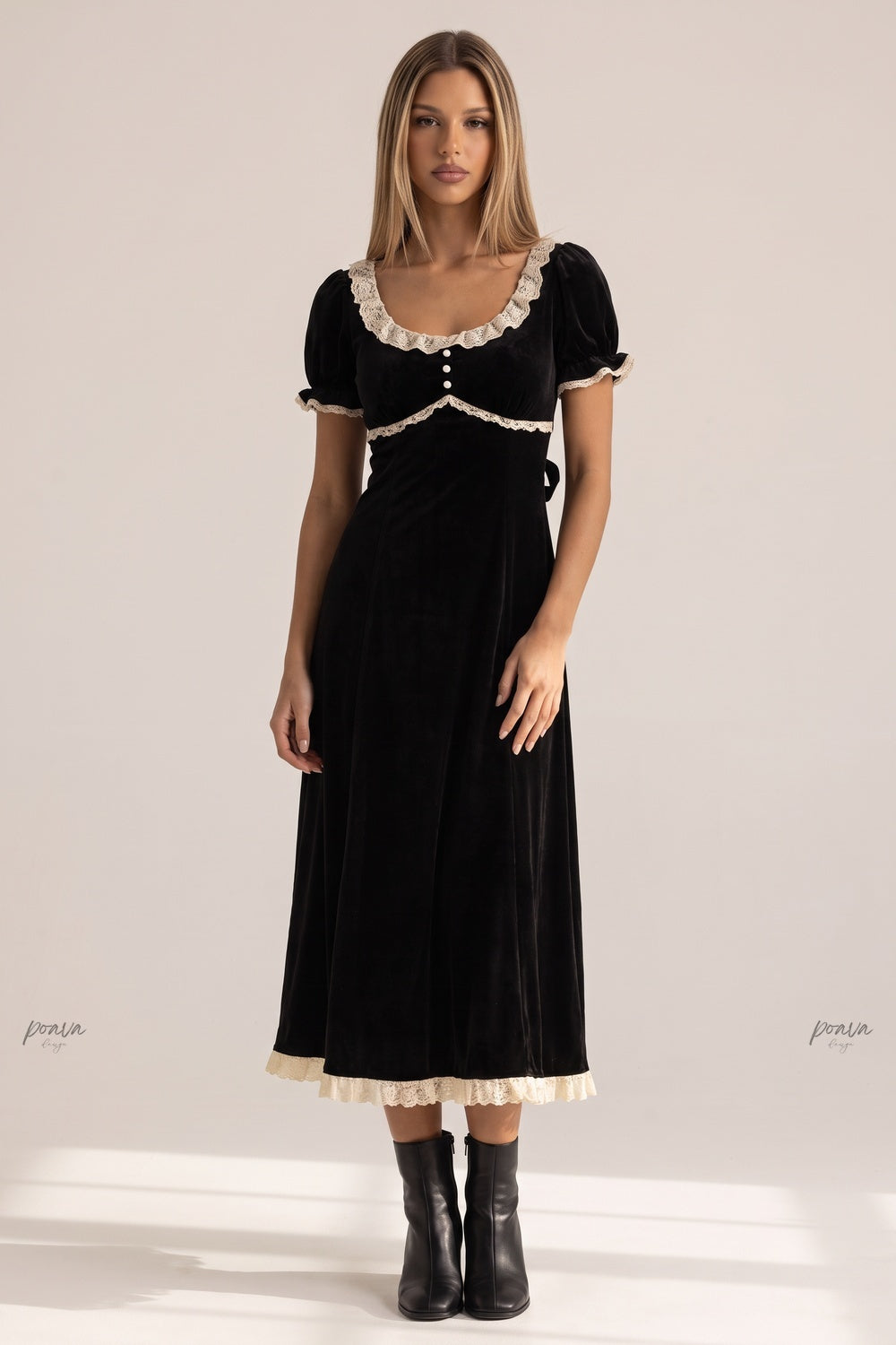 Black Velvet Empire-Waist A-Line Dress with Cream Lace Trim black velvet dress - product view 1