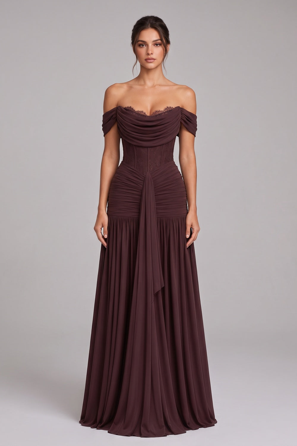 Chocolate Brown Chiffon Mesh Fitted Drop-Waist Gown chocolate brown chiffon mesh gown - product view 1