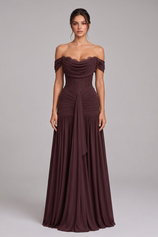 Chocolate Brown Chiffon Mesh Fitted Drop-Waist Gown chocolate brown chiffon mesh gown - product view 1