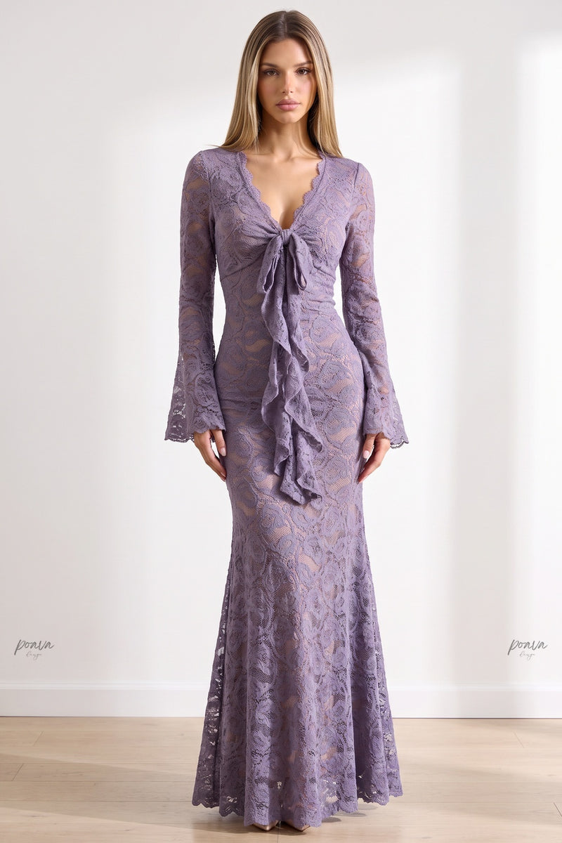 Dusty Purple Floral Lace Mermaid Maxi Dress