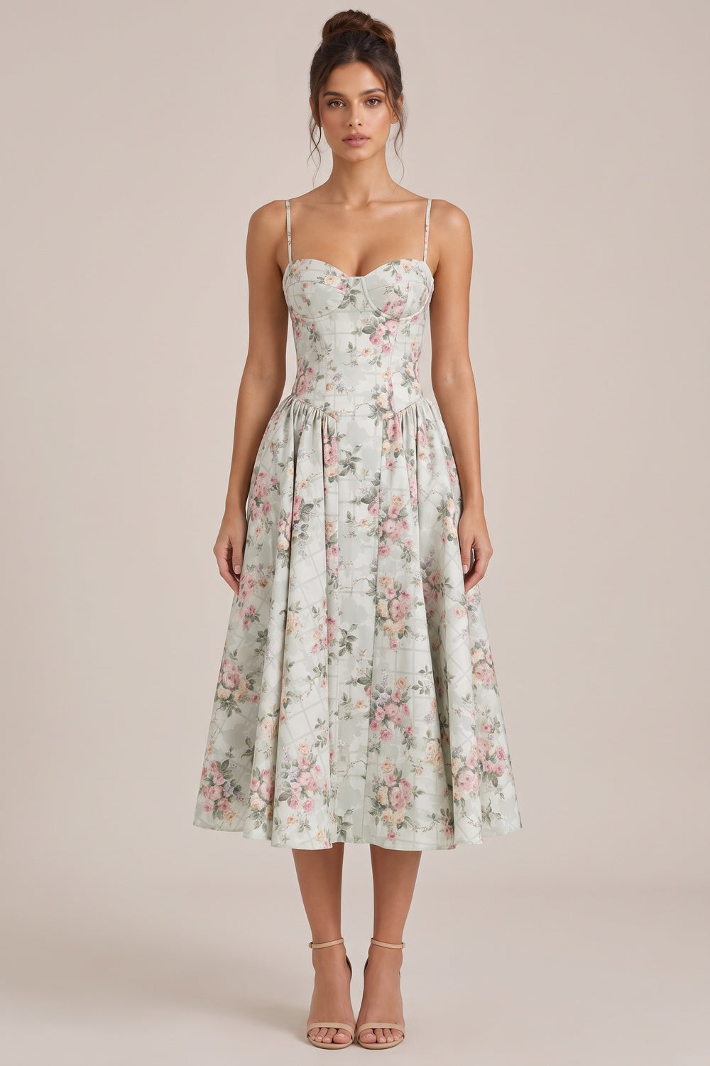Pale Sage Green Structured Woven Cotton or Jacquard Fit-and-Flare Dress pale sage green structured woven cotton or jacquard dress - product view 1