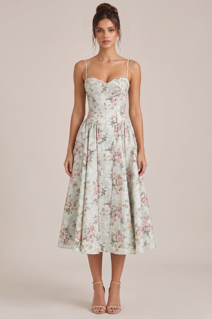 Pale Sage Green Structured Woven Cotton or Jacquard Fit-and-Flare Dress pale sage green structured woven cotton or jacquard dress - product view 1