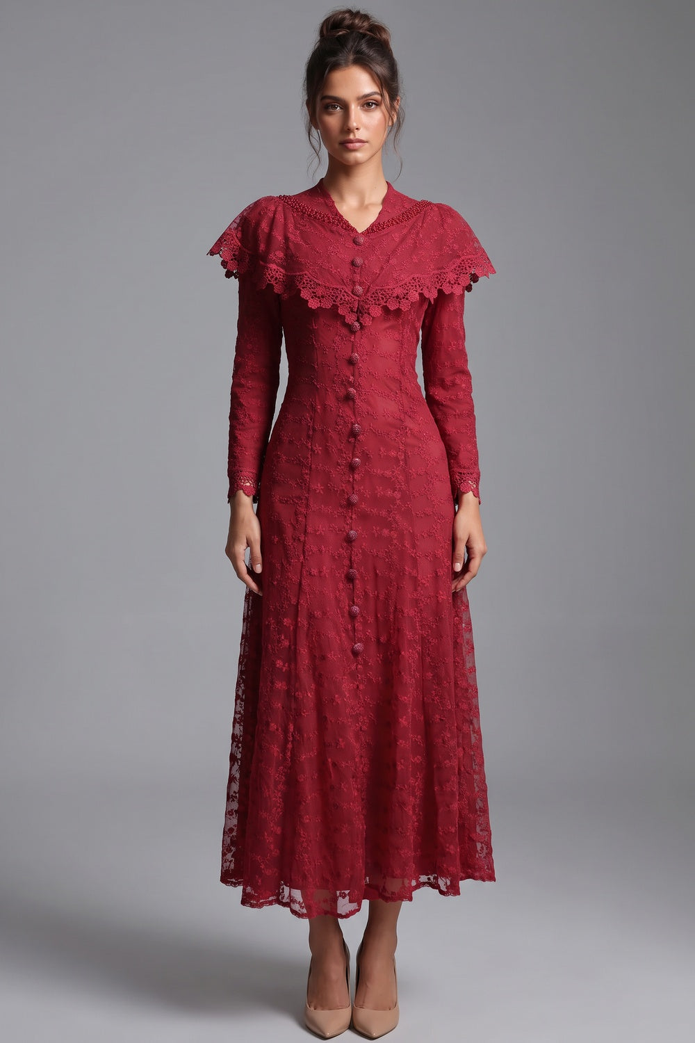 Deep Red Embroidered Floral Lace A-Line Midi Dress deep red embroidered floral lace overlay dress - product view 1