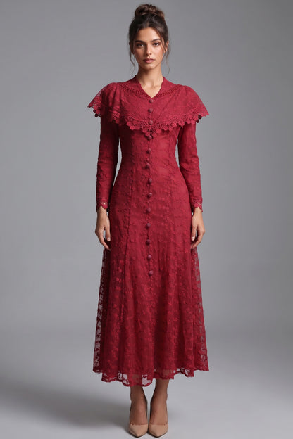Deep Red Embroidered Floral Lace A-Line Midi Dress deep red embroidered floral lace overlay dress - product view 1