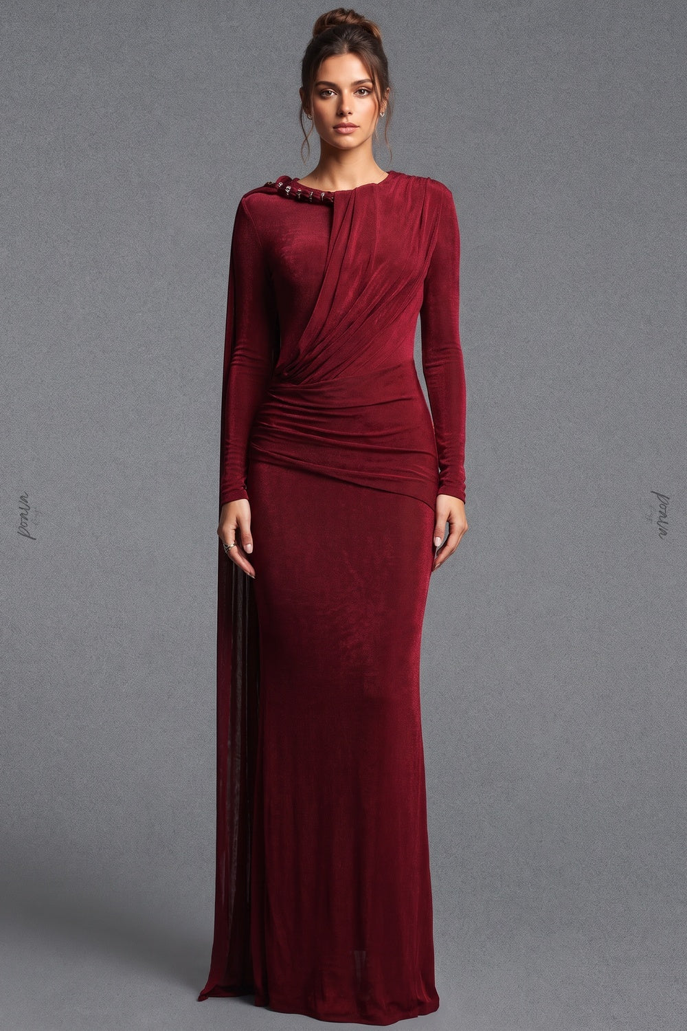 Burgundy Metallic Jersey Column Evening Gown burgundy metallic jersey evening gown - product view 1