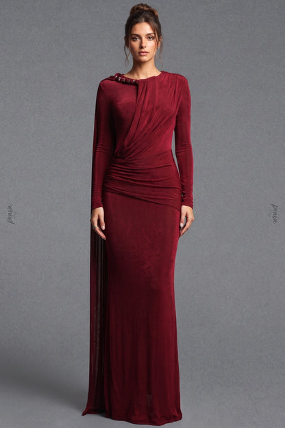 Burgundy Metallic Jersey Column Evening Gown burgundy metallic jersey evening gown - product view 1
