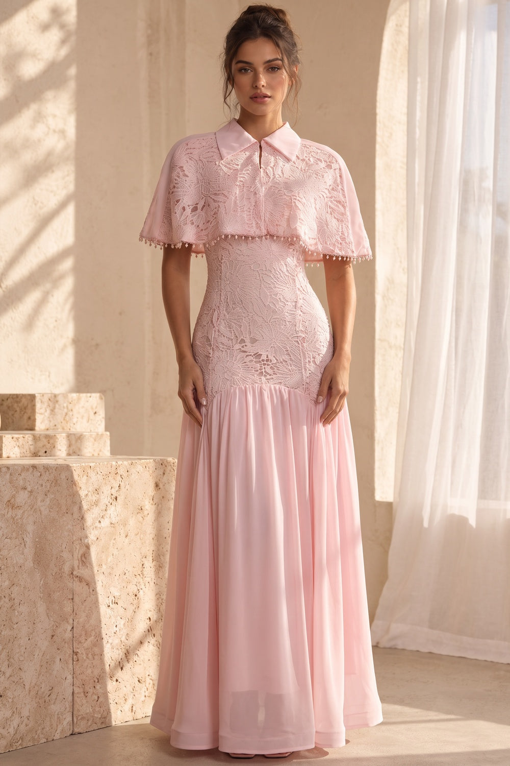 Pastel Pink Floral Lace Fitted Bodice with Flared Mermaid-Style Skirt Dress with Matching Capelet pastel pink floral lace dress with matching capelet - product view 1