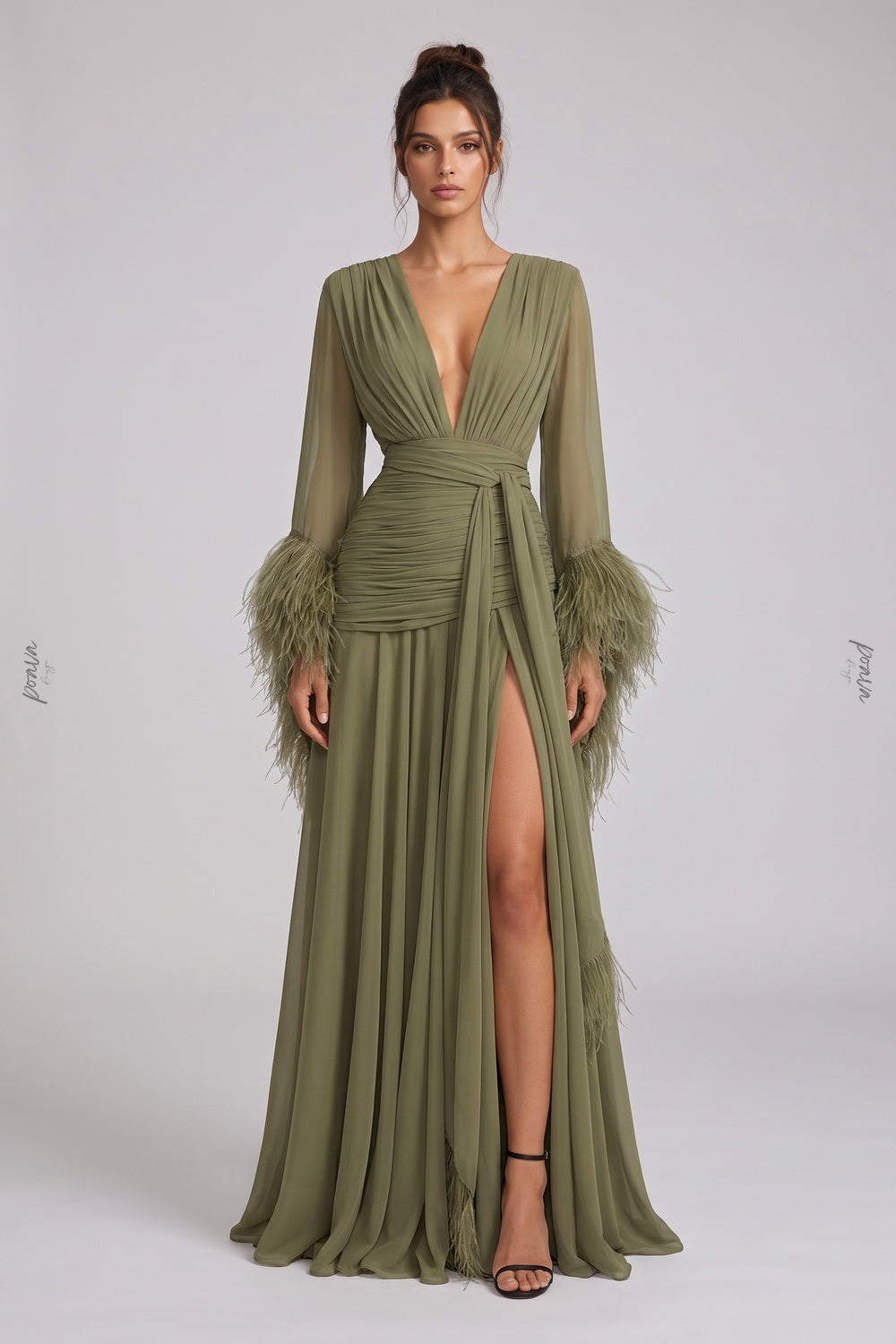 Olive Green Chiffon A-Line Evening Gown with High Slit and Feather Cuffs olive green chiffon evening gown - product view 1
