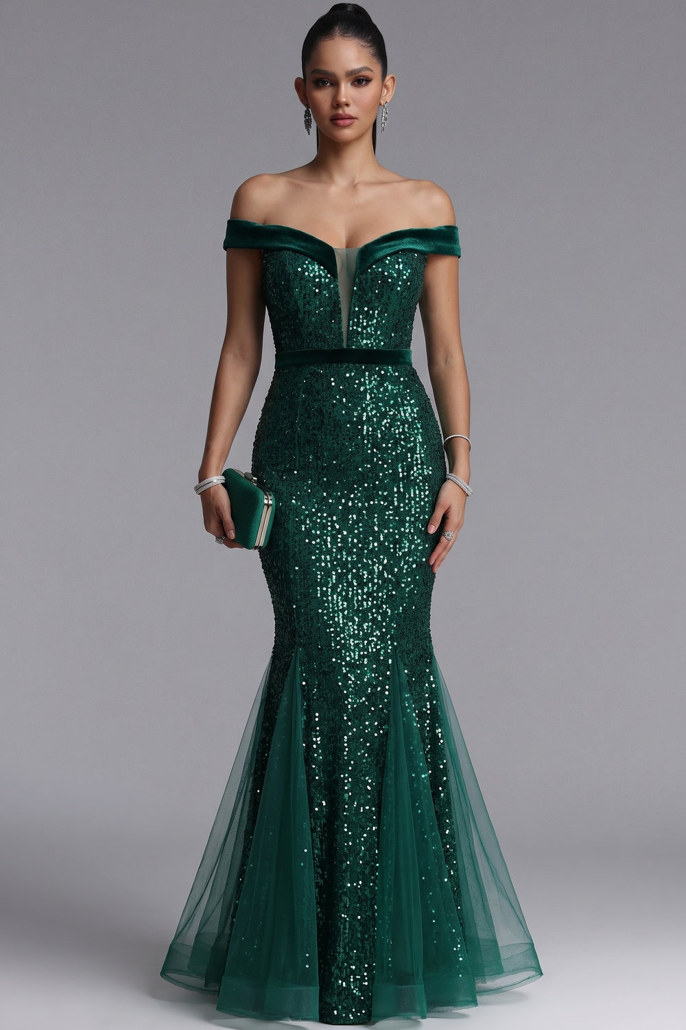 Emerald Green Off Shoulder Sequin Mermaid Evening Gown
