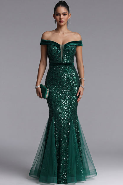 Emerald Green Off Shoulder Sequin Mermaid Evening Gown