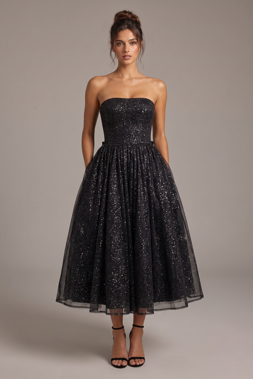 Black Glitter Tulle A-Line Midi Dress black glitter tulle dress - product view 1