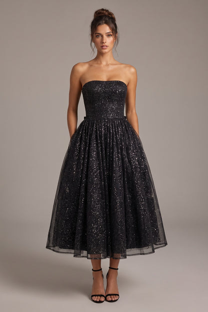 Black Glitter Tulle A-Line Midi Dress black glitter tulle dress - product view 1
