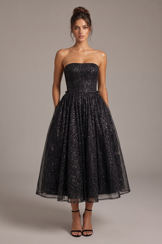 Black Glitter Tulle A-Line Midi Dress black glitter tulle dress - product view 1