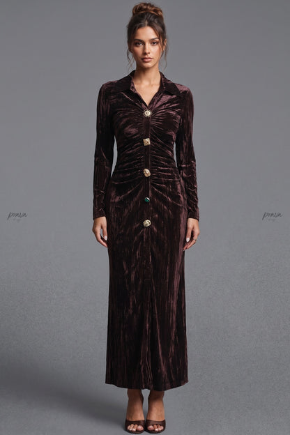 Dark Brown Crushed Velvet Column Maxi Shirt Dress dark brown crushed velvet maxi shirt dress - product view 1