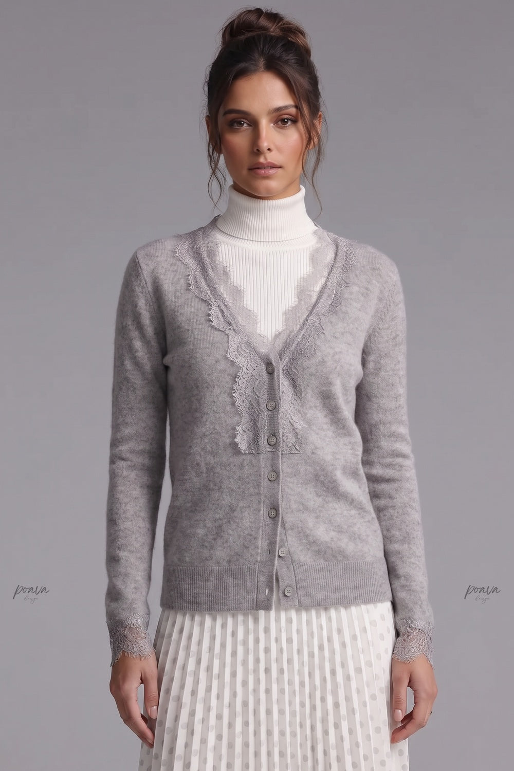 Heather Grey Fine-Knit Cardigan with Delicate Lace Trim heather grey fine knit, likely cashmere or wool blend cardigan - product view 1