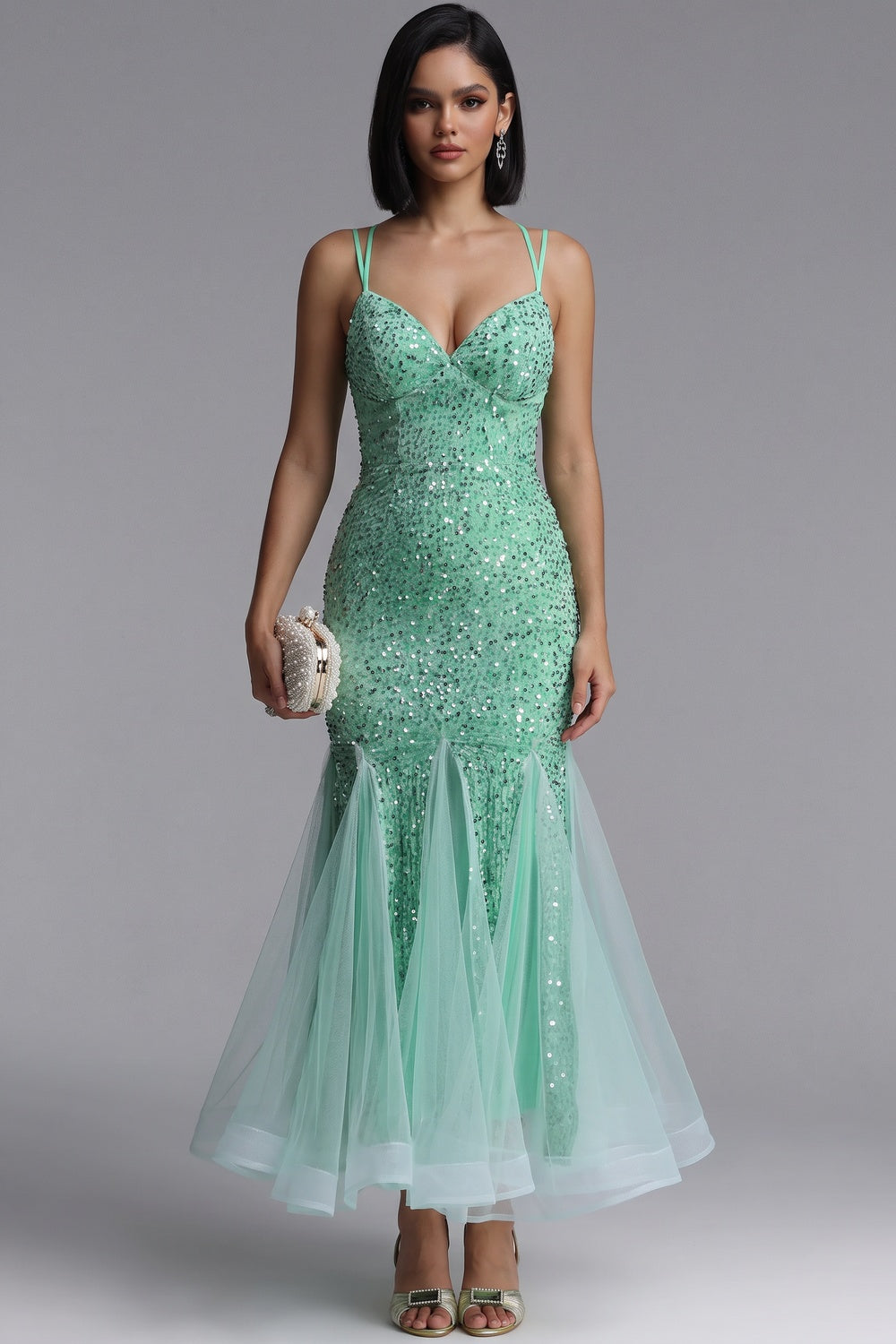 Mint Green Sequin Mermaid Maxi Dress with Tulle Overlay Premium Fabric - product view 1