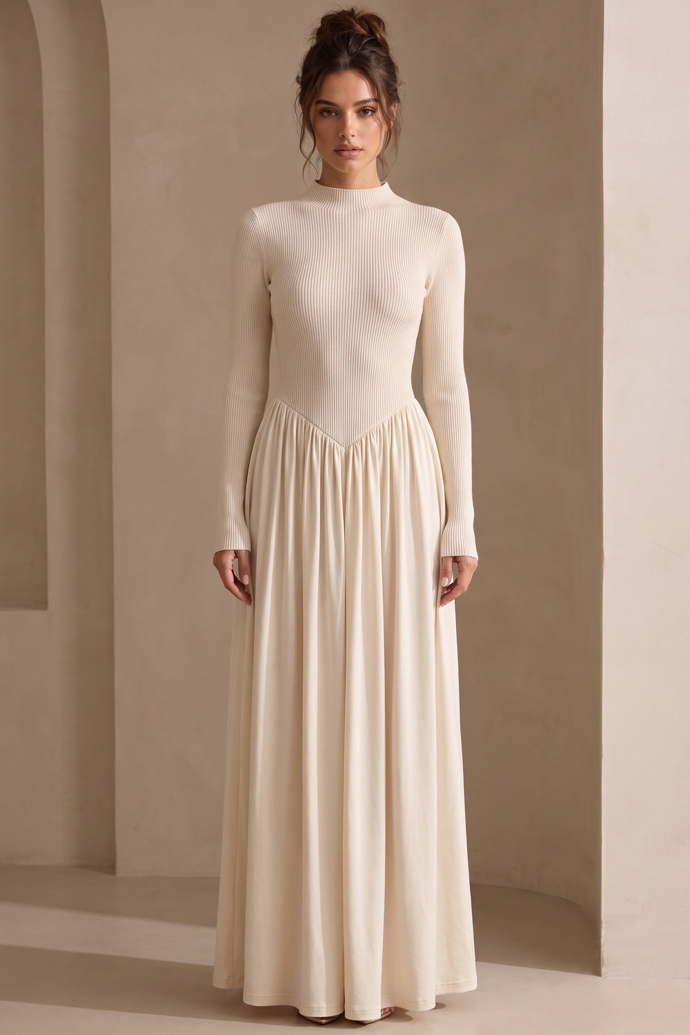 Cream Ribbed Knit Fitted Bodice with Gathered A-Line Skirt Dress cream ribbed knit dress - product view 1