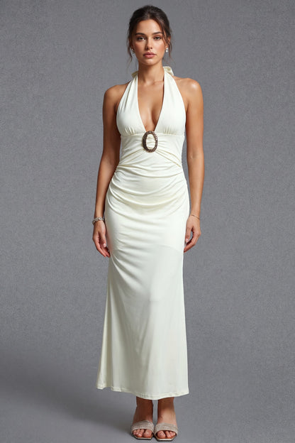 Cream Stretch Jersey Maxi Dress with Halter Neck and Ruched Detail cream, off-white stretch jersey knit dress - product view 1
