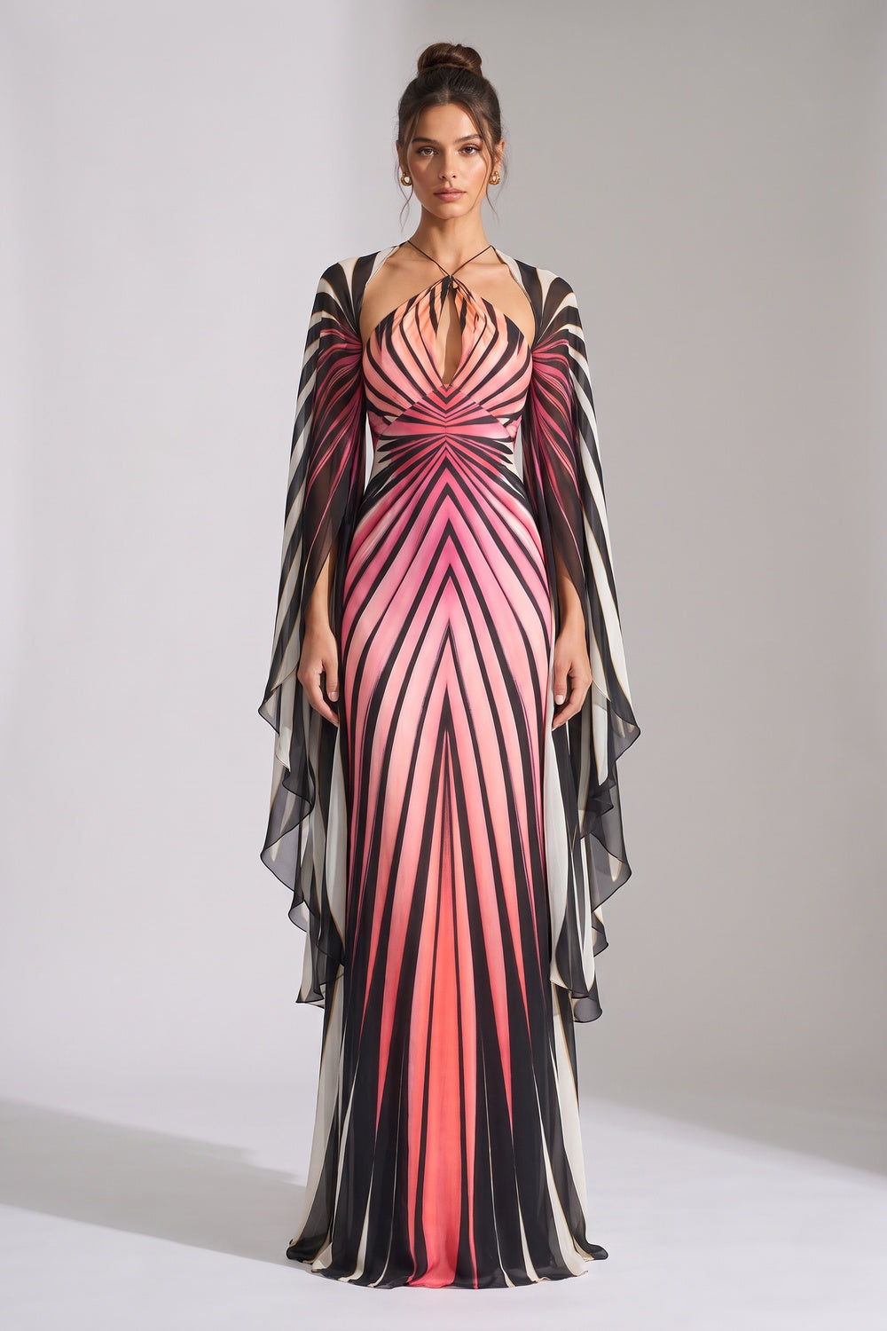 Engineered Radiating Stripe Chiffon Cape Column Gown pink, black, white chiffon gown - product view 1