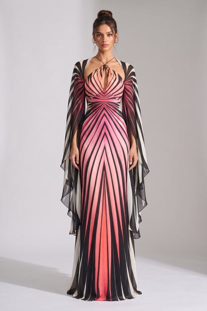 Engineered Radiating Stripe Chiffon Cape Column Gown pink, black, white chiffon gown - product view 1