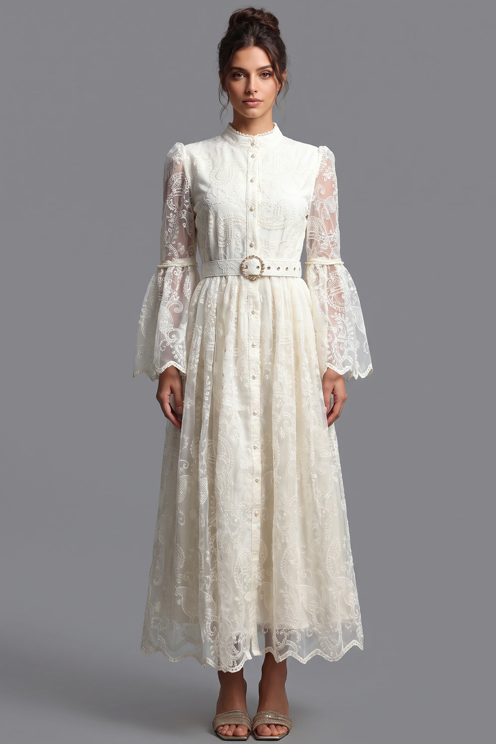 Cream Embroidered Floral Lace A-Line Dress Cream, Off-white Embroidered floral lace Dress - product view 1