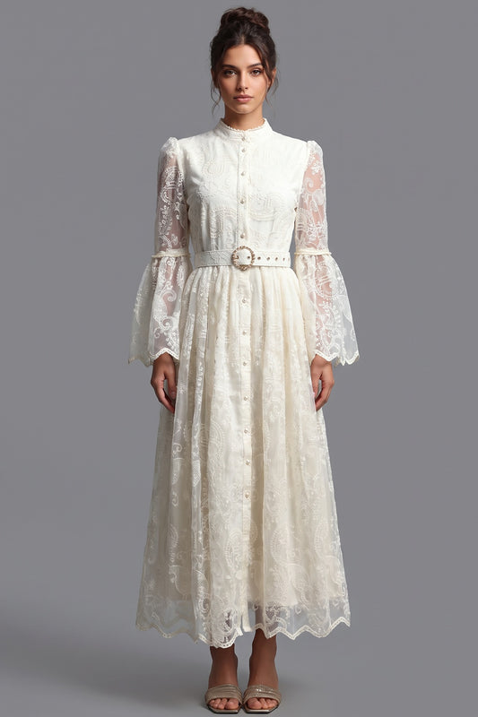 Cream Embroidered Floral Lace A-Line Dress Cream, Off-white Embroidered floral lace Dress - product view 1