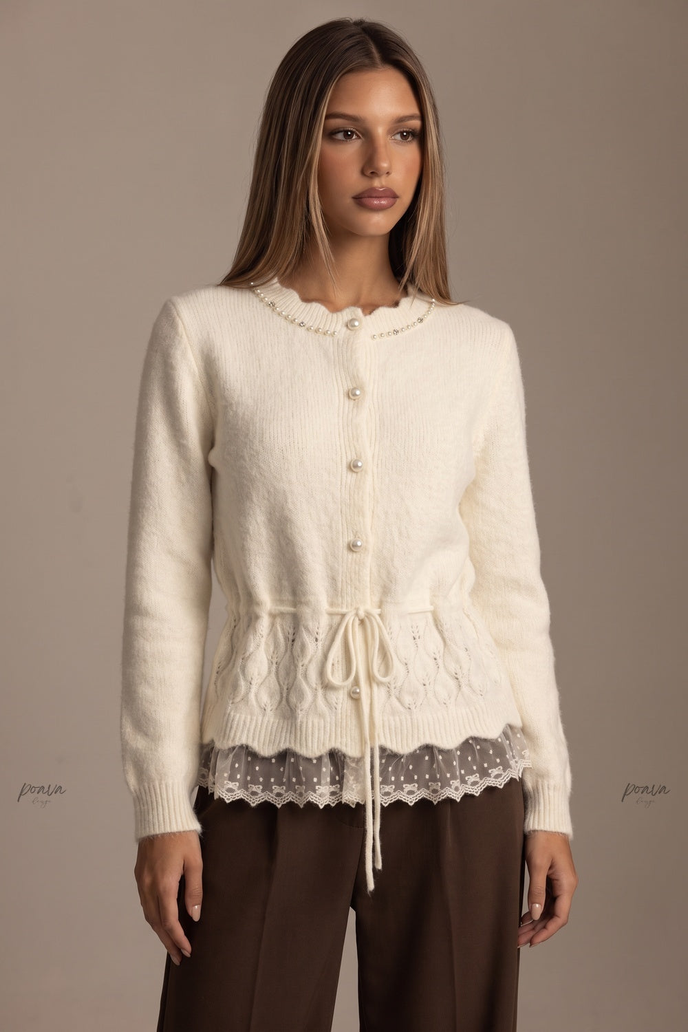 Cream Fuzzy Knit Wool Blend Peplum Cardigan with Lace Hem cream, ivory fuzzy knit wool blend cardigan - product view 1
