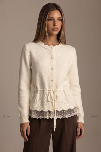 Cream Fuzzy Knit Wool Blend Peplum Cardigan with Lace Hem cream, ivory fuzzy knit wool blend cardigan - product view 1