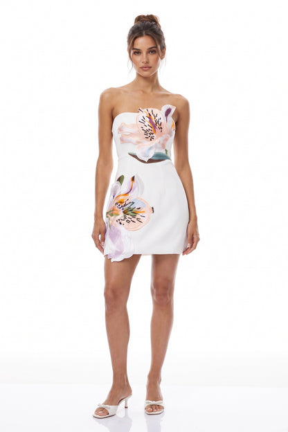 White Structured Crepe Mini Dress with Floral Embroidered Appliques white structured crepe dress - product view 1