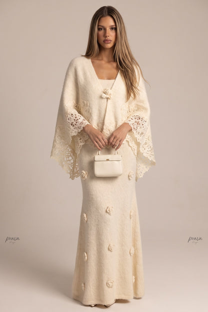 Cream Fuzzy Mohair-Blend Two-Piece Knit Set with Capelet and Rose Appliqué Maxi Dress cream, off-white fuzzy mohair-blend knit two-piece knit set (capelet and maxi dress) - product view 1