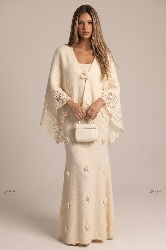 Cream Fuzzy Mohair-Blend Two-Piece Knit Set with Capelet and Rose Appliqué Maxi Dress cream, off-white fuzzy mohair-blend knit two-piece knit set (capelet and maxi dress) - product view 1