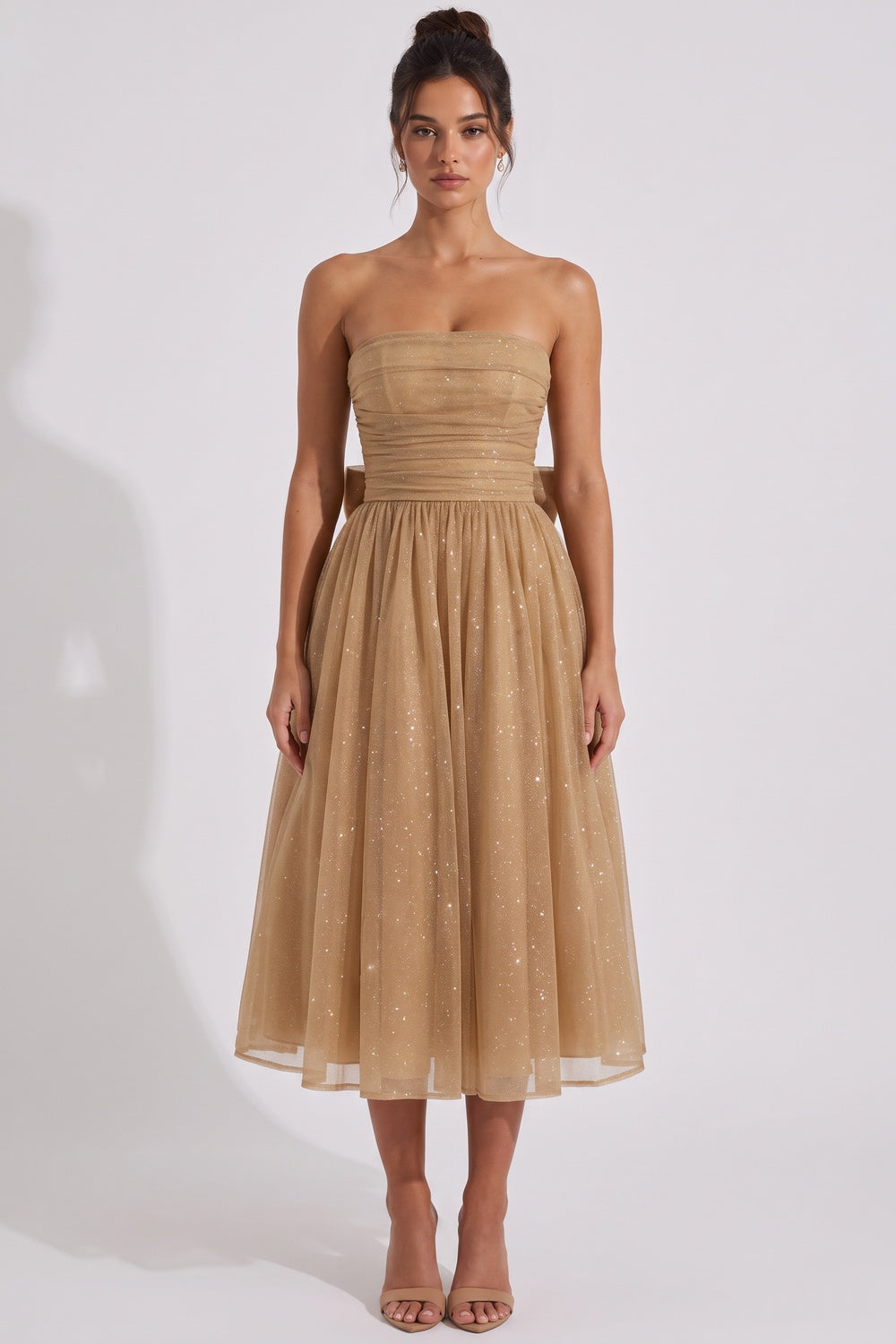 Gold Glitter Tulle Overlay A-Line Fit-and-Flare Dress gold, bronze glitter tulle overlay dress - product view 1
