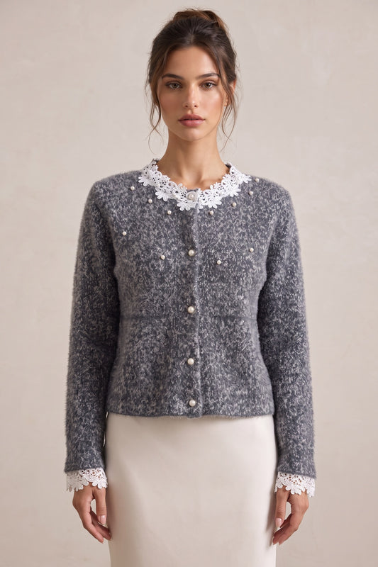 Grey Fuzzy Marled Knit Boxy, Slightly Cropped Cardigan grey, white fuzzy marled knit cardigan - product view 1