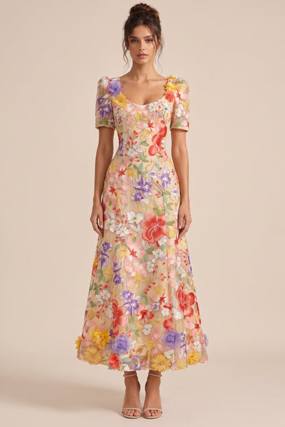 Nude Sheer Organza A-Line Midi Dress with Multicolor 3D Floral Embroidery nude, beige sheer organza overlay dress - product view 1