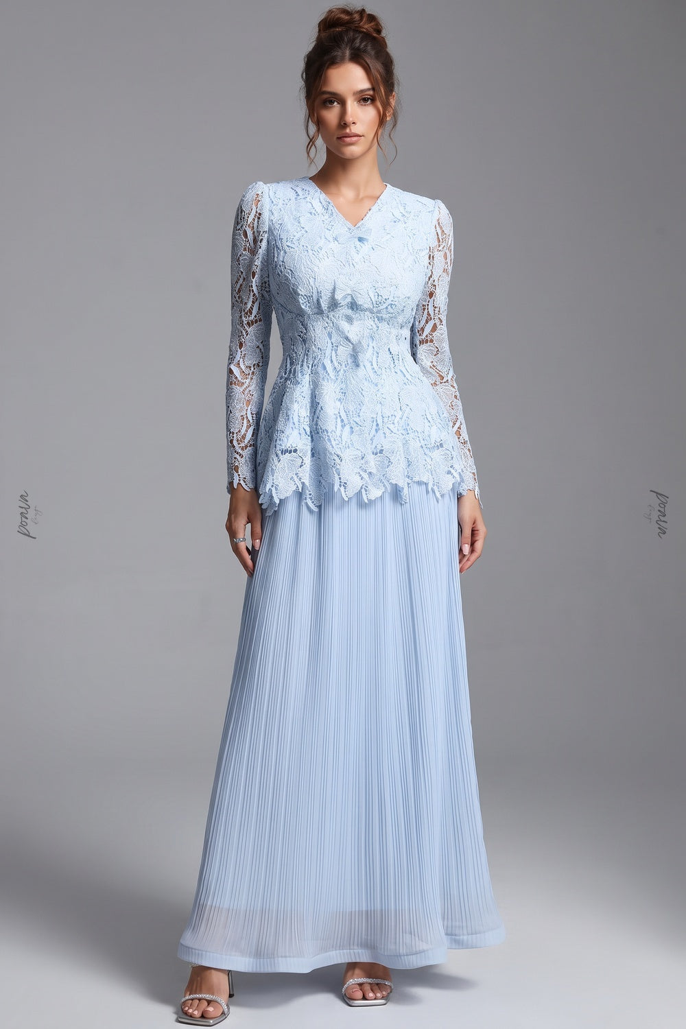 Light Blue Floral Lace Peplum Top & Pleated Maxi Skirt Two-Piece Dress Set light blue floral lace and pleated chiffon two-piece dress set - product view 1
