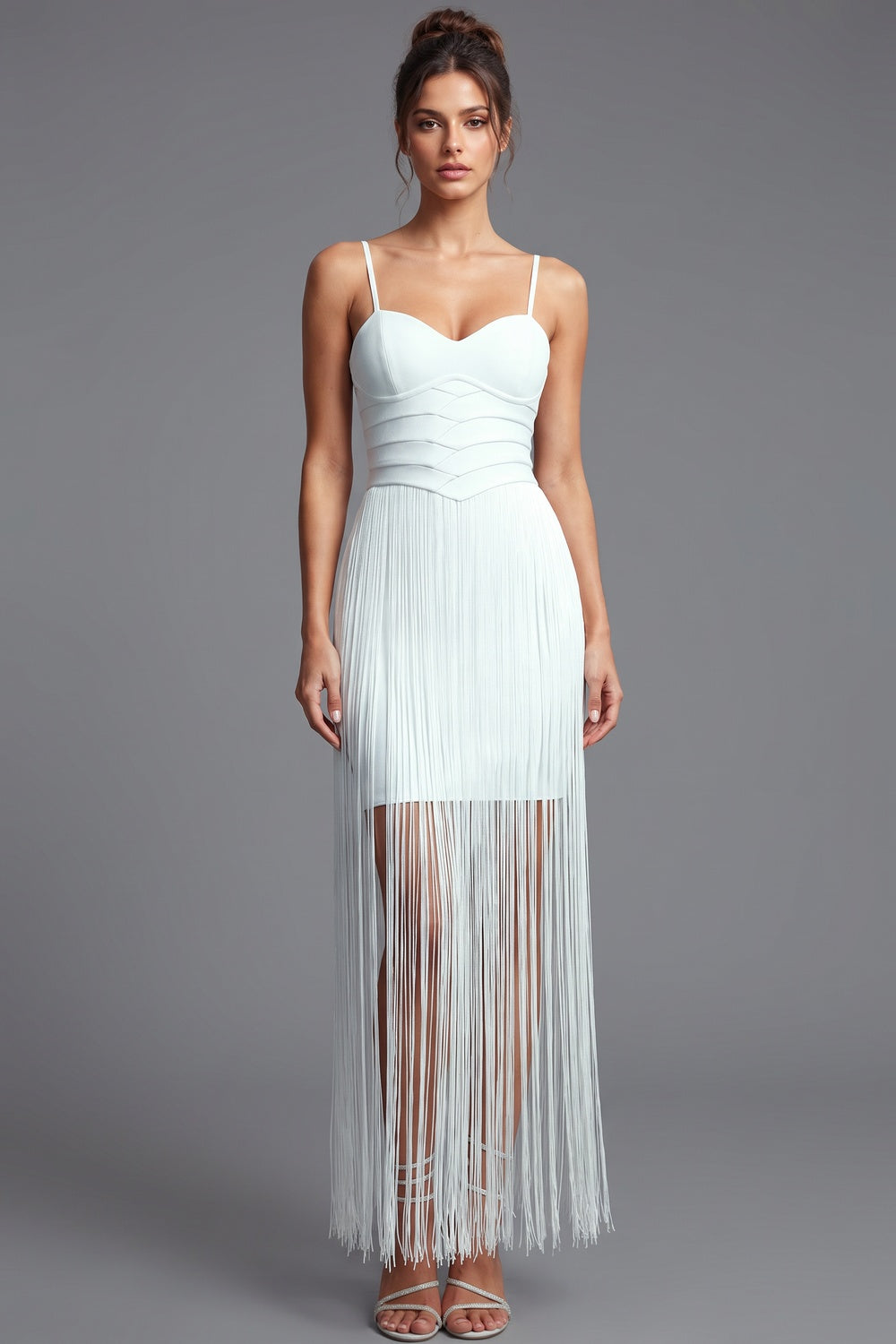White Structured Crepe Fringe Sheath Dress white structured crepe dress - product view 1