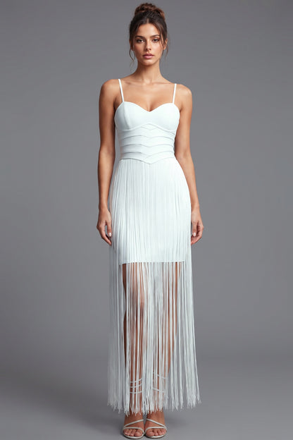 White Structured Crepe Fringe Sheath Dress white structured crepe dress - product view 1