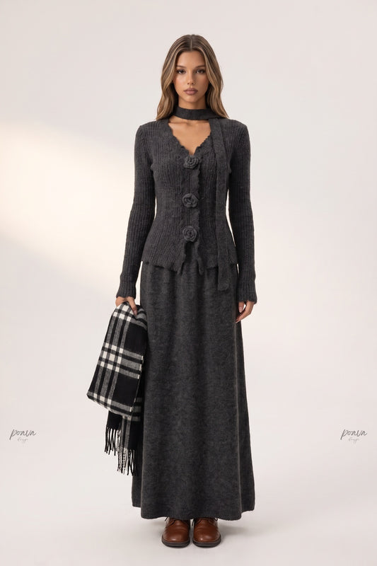 Dark Grey Ribbed Knit Two-Piece Set with Rose Buttons and Choker Dark grey, Charcoal Ribbed knit Two-piece knit set (cardigan and maxi skirt with matching neckband) - product view 1