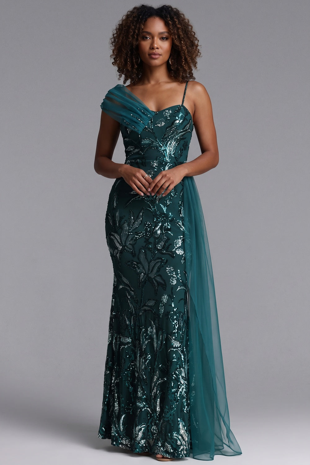 Premium Fabric One-Shoulder Sequin Gown Premium Fabric - product view 1