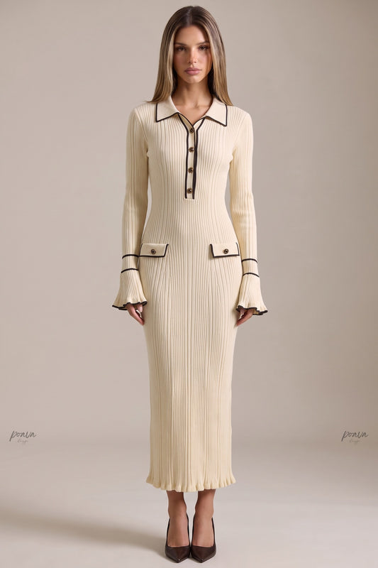 Cream Ribbed Knit Polo Dress with Contrast Trim cream ribbed knit dress - product view 1