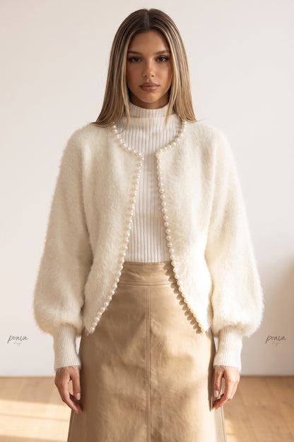 Off-White Fuzzy Mohair-Style Knit Cardigan with Pearl Trim off-white fuzzy mohair-style knit cardigan - product view 1